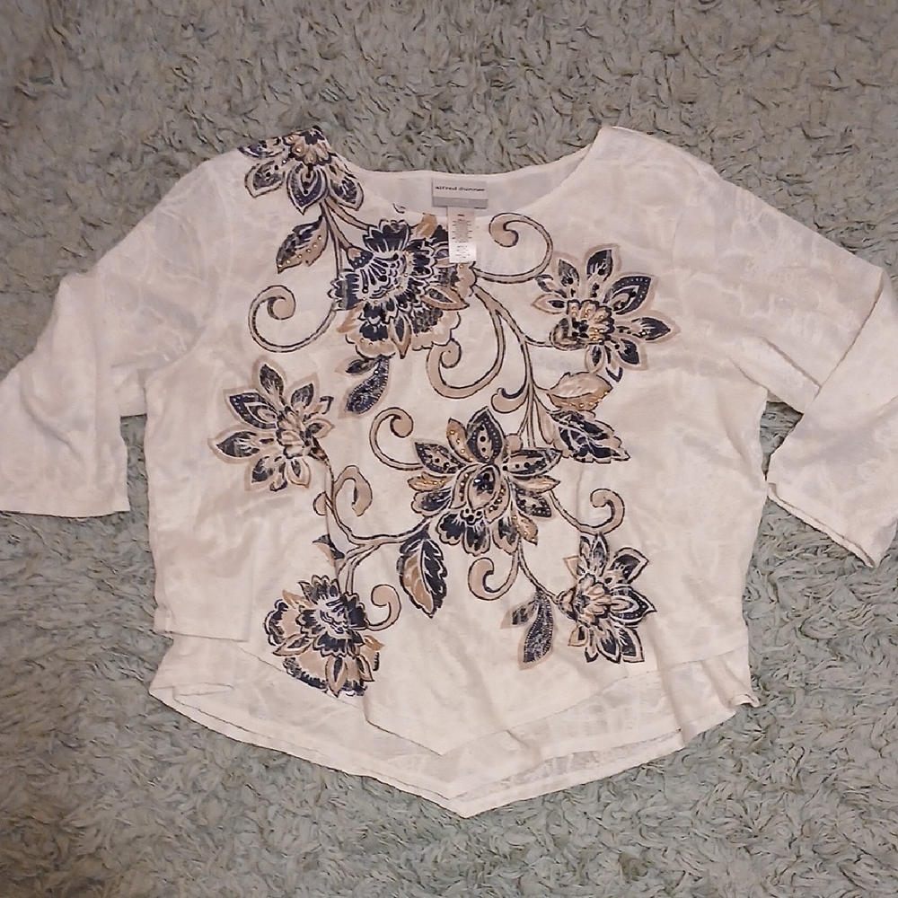 Alfred Dunner White Tunic with Navy and Tan Floral Embroidery